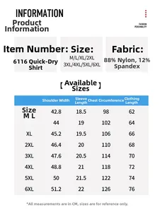Size chart for men's quick-dry crew neck t-shirt showing measurements from size M to 6XL
