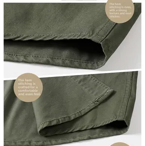 Detail view of double-stitched hem and olive green twill fabric on men's cotton shirt