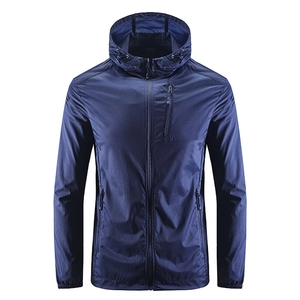 Men's lightweight hooded sun protection windbreaker in navy blue with full zipper