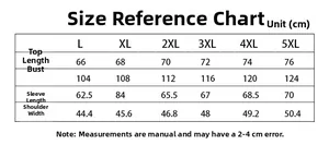 Detailed size chart for men's casual jacket showing measurements from L to 5XL in cm