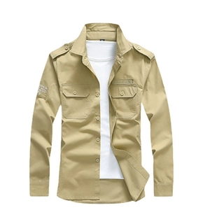 Men's khaki long sleeve utility shirt with flap chest pockets and shoulder straps