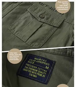 Detail of military green cotton shirt featuring chest flap pocket and neck label sewing