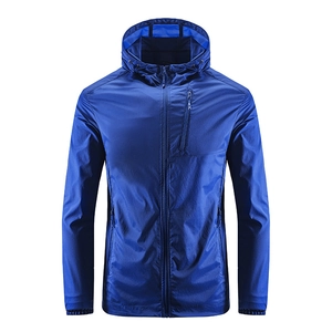 Men's royal blue ultrathin sun protection jacket with hood and zipper pockets