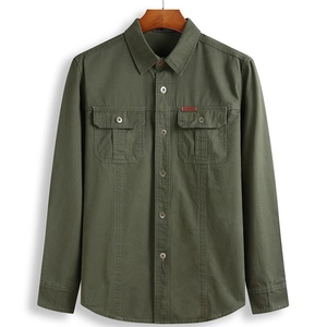 Men Casual Cotton Shirt Long Sleeve Workwear Style Loose Fit Double Pockets Outdoor Solid Color Breathable Top Shirt