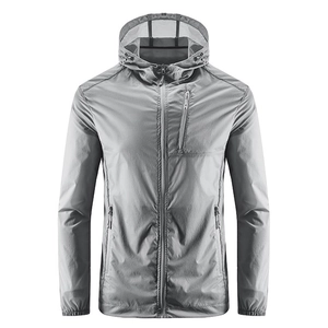 Men's lightweight dark grey hooded sun protection jacket with breathable zipper pockets
