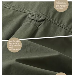 Detail view of military green cotton shirt featuring back hanging loop and twill texture