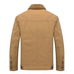Men's khaki canvas work jacket with warm sherpa fleece collar shown from the back