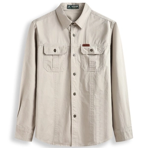 Men's casual loose beige long sleeve outdoor shirt with double chest button pockets