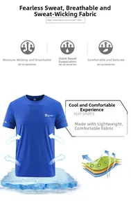 Detail of royal blue men's T-shirt showing breathable fabric texture and ice cooling concept