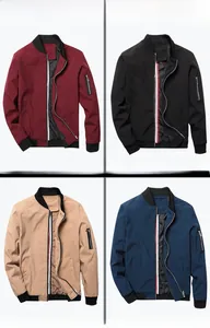Bomber jacket color options in burgundy, black, khaki, and navy with utility pockets