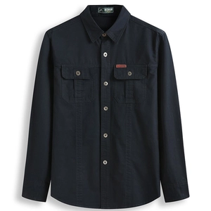 Classic navy blue long-sleeve outdoor shirt for men with double chest pockets