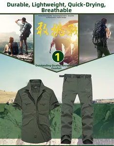 Close-up detail of military green quick-dry outdoor shirt and tactical multi-pocket pants