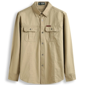 Men's casual khaki long sleeve cotton shirt with double breasted pockets for outdoor style