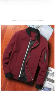Close-up of burgundy bomber jacket sleeve showing tactical pocket and black ribbed cuffs