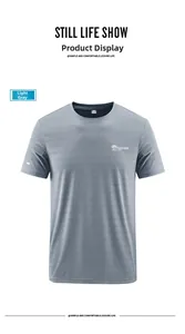 Detail of light gray breathable t-shirt fabric with mountain logo and fashion text