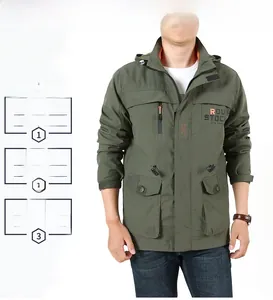 Close-up of military green outdoor jacket with multi-pocket design and drawstring waist