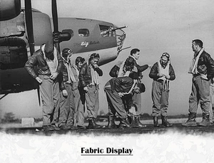 Detail view showing vintage bomber jacket fabric print with historical aviator photography
