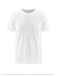 Detail of white breathable mesh fabric on men's round neck T-shirt with chest print