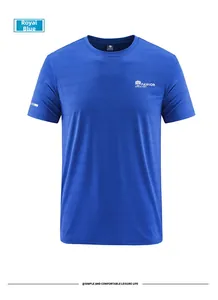 Detail view of royal blue breathable crew neck t-shirt with Fashion 1961 logo print