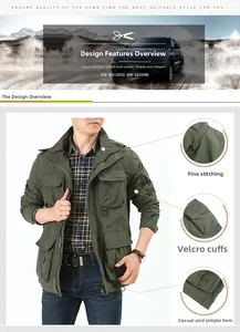 Detail view of military green outdoor jacket featuring multi-pockets and velcro cuffs