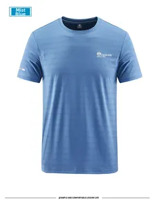 Detail of mist blue crew neck t-shirt featuring 1961 fashion print and breathable fabric