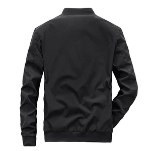 Men's black bomber jacket with ribbed collar and windproof fabric seen from the back view