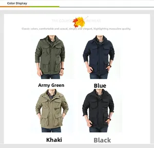 Detail view of multi-pocket tactical jacket showing military green and khaki options