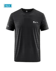 Detailed view of black breathable mesh fabric and logo on a men's short-sleeve T-shirt