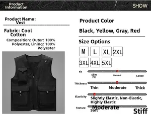Detailed chart showing 100% polyester fabric info and size range for outdoor fishing vest