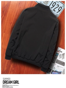 Detailed back view of a black bomber jacket with ribbed cuffs and a sleeve zipper pocket