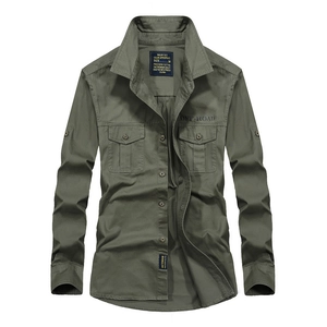 Army green long sleeve cotton utility cargo shirt with double chest pockets for men