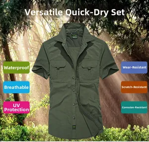 Detail view showing dual chest pockets on green quick-dry outdoor shirt for men