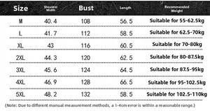 Size guide table for men's outdoor fishing vest showing detailed measurements and weights