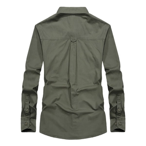 Army green long sleeve cotton work shirt with back pleats and adjustable cuffs