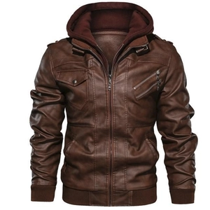 Detail of dark brown faux leather jacket featuring dual-layer zipper and hooded design