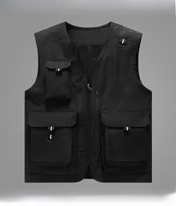 Close-up of black tactical fishing vest showing breathable mesh lining and utility pockets