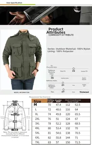 Size chart for men's outdoor jacket with detailed measurements in cm from M to 7XL
