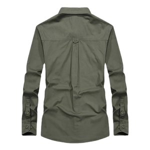 Army green men's long sleeve cargo shirt with cotton texture and back pleat detail