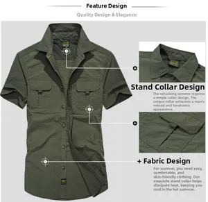 Detail of army green outdoor shirt showing stand-up collar and dual chest pockets