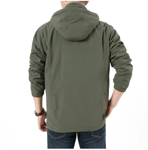 Back view of a men's olive green hooded jacket showing windproof fabric and relaxed fit