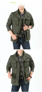 Detail of army green outdoor utility jacket featuring multiple flap pockets and stand collar