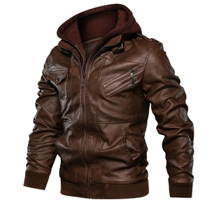 Men's dark brown faux leather motorcycle jacket with hood and multi-zipper detail