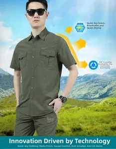 Detail of army green outdoor shirt showing quick-dry, breathable, and oil-proof fabric