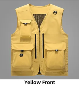 Front view of yellow fishing vest with multiple pockets and breathable mesh lining