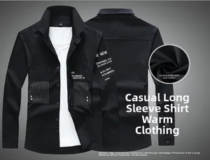 Detail of black long-sleeve casual shirt showing chest pockets and striped patchwork detail