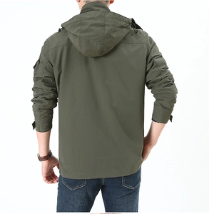 Rear view of an army green hooded windbreaker with tactical arm pockets for men