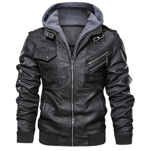 Close-up of black PU leather jacket with gray hoodie and metal zipper pockets detail
