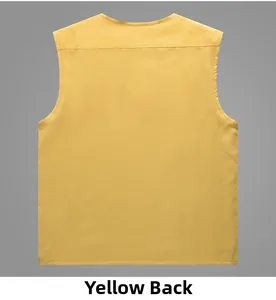 Rear view of yellow lightweight mesh outdoor fishing vest with multiple pockets and round neck