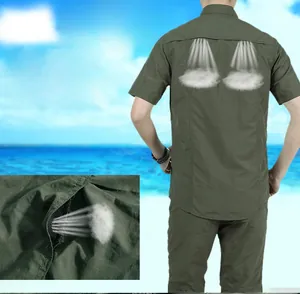 Detail of army green outdoor shirt with mesh back ventilation and quick-dry fabric