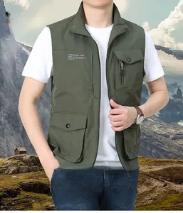 Close-up of military green outdoor utility vest showing multi-pocket design and stand collar